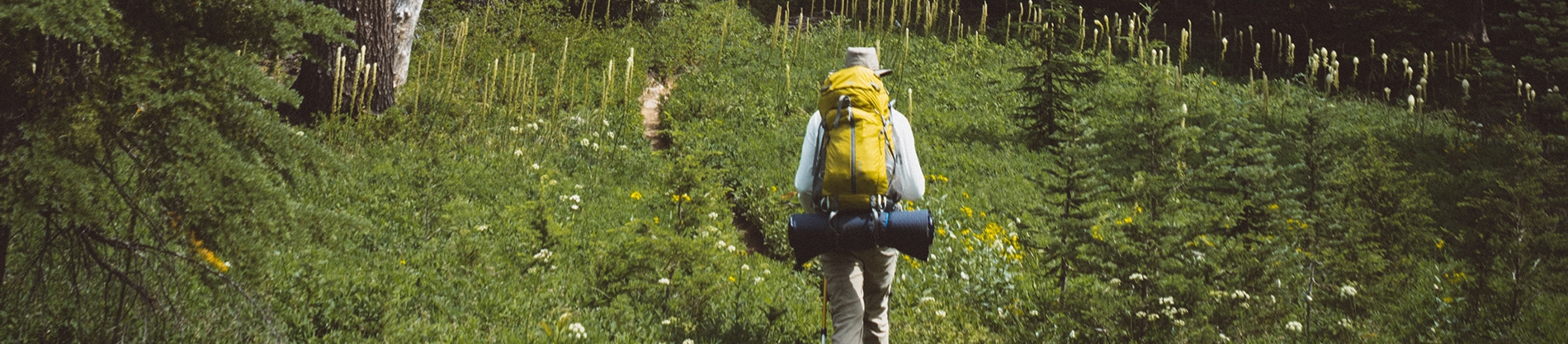 A person walking through grass with a backpack on A person walking through grass with a backpack on