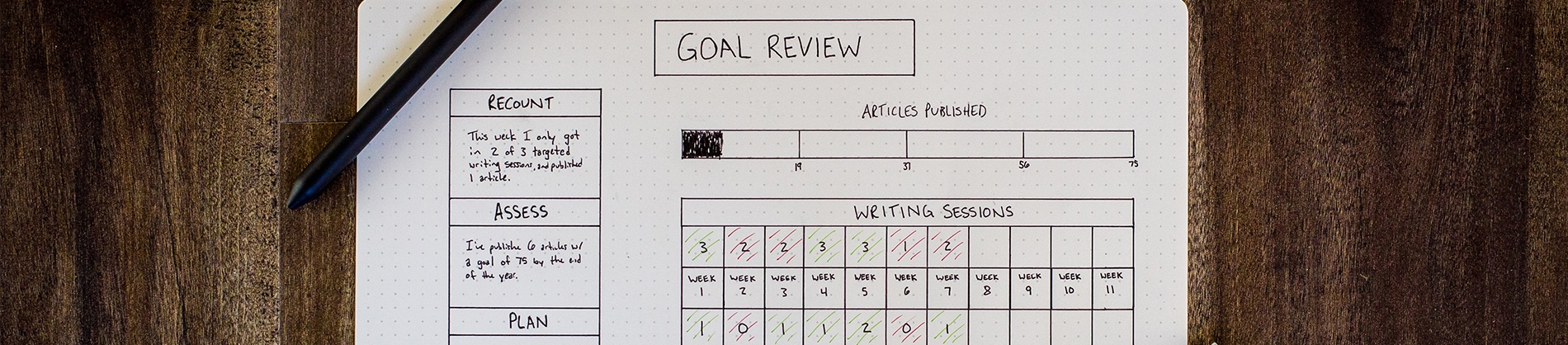 Goal review and calendar written on a piece of dotted paper Goal review and calendar written on a piece of dotted paper