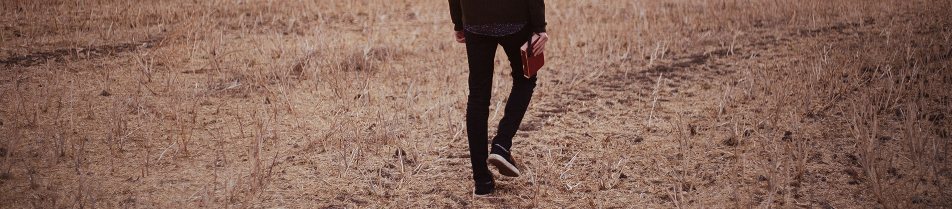 A man walking through a dry field carrying his bible A man walking through a dry field carrying his bible