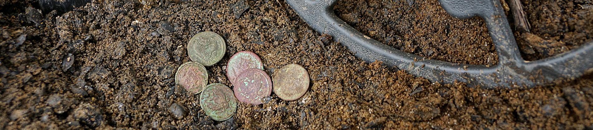 Coins sitting in muddy soil