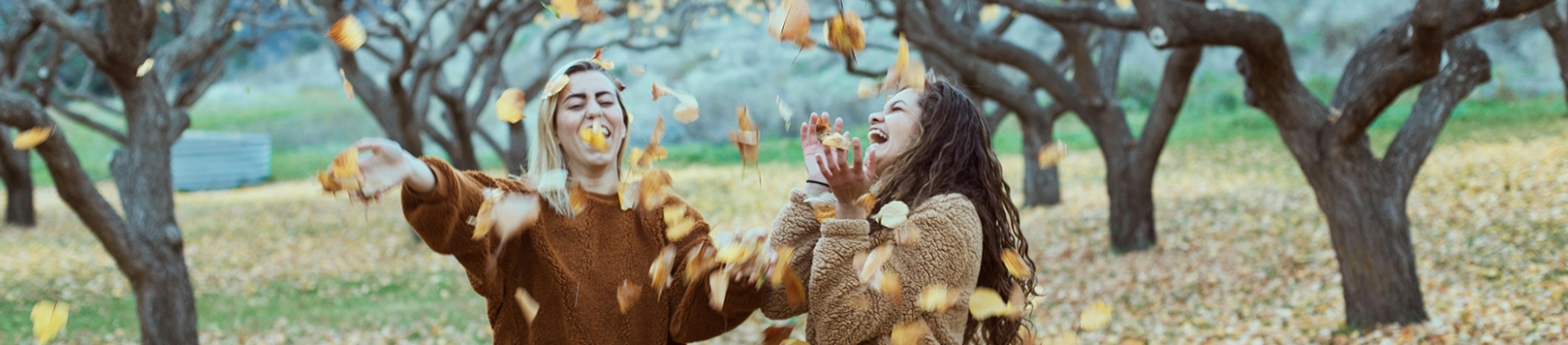 Two women in a park, throwing leaves into the air and laughing Two women in a park, throwing leaves into the air and laughing